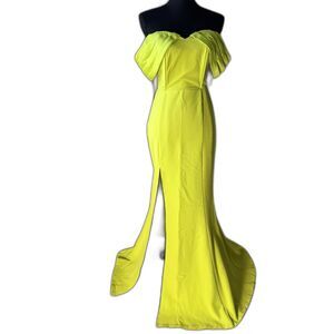 1004 Size 5 Johnny Wujek bright green off shoulder mermaid gown with slit